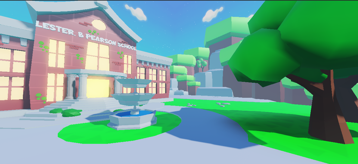 Turning Red Tycoon school exterior gameplay screenshot.